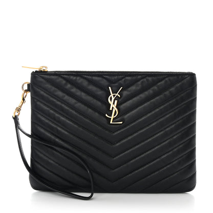 Saint Laurent SAINT LAURENT Calfskin Matelasse Chevron Monogram A5 Wristlet Black 1 of 7