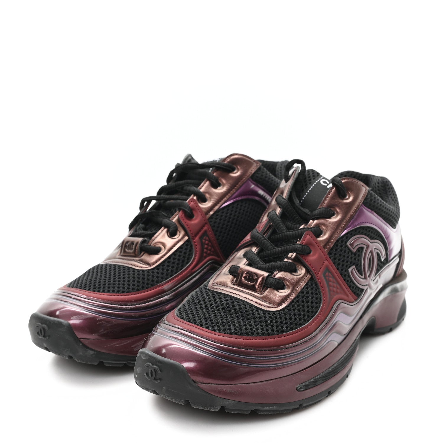Chanel Fabric Laminated Calfskin Stretch CC Womens Sneakers 37.5 Black Purple Burgundy 4 of 12