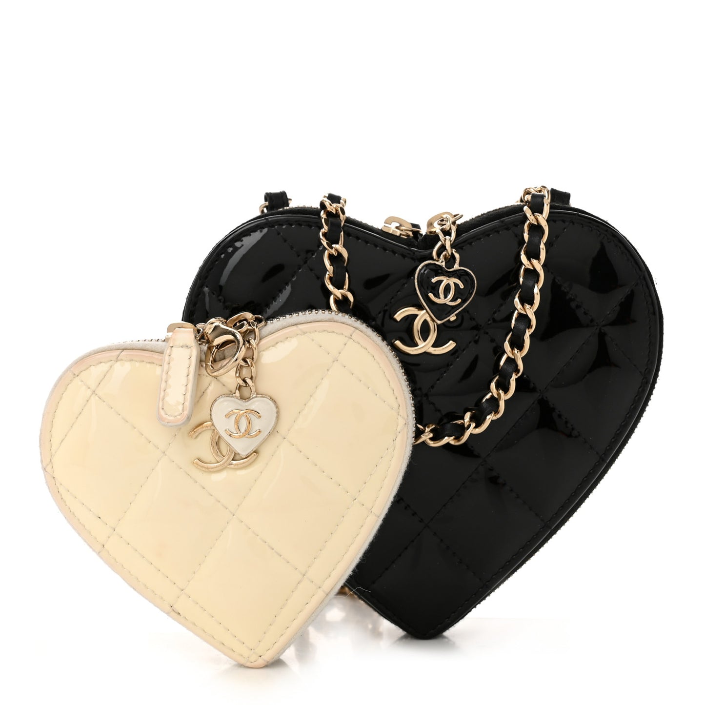 Patent Calfskin Resin Quilted CC Heart Clutch With Chain Black