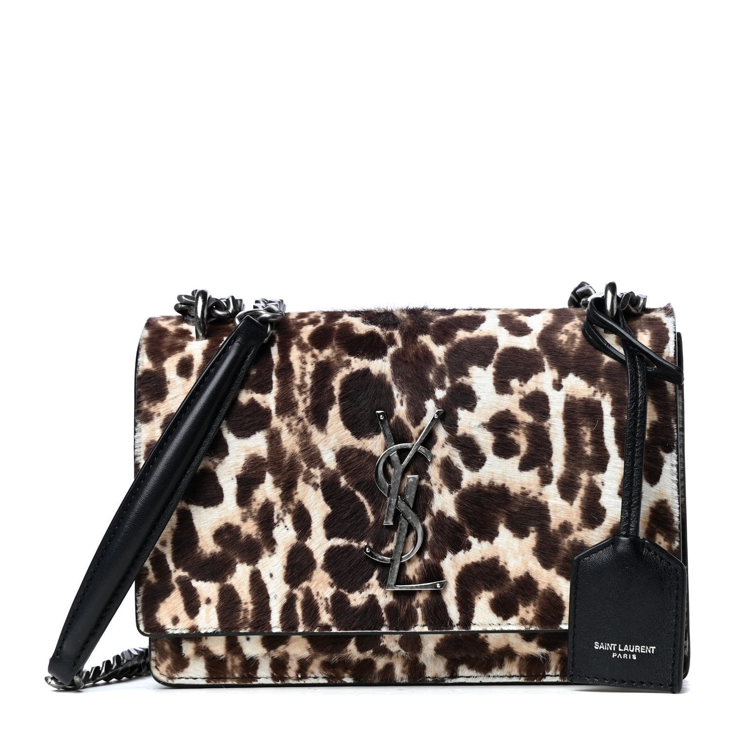 Calf Hair Leopard Print Monogram Small Sunset Chain Wallet Natural Black