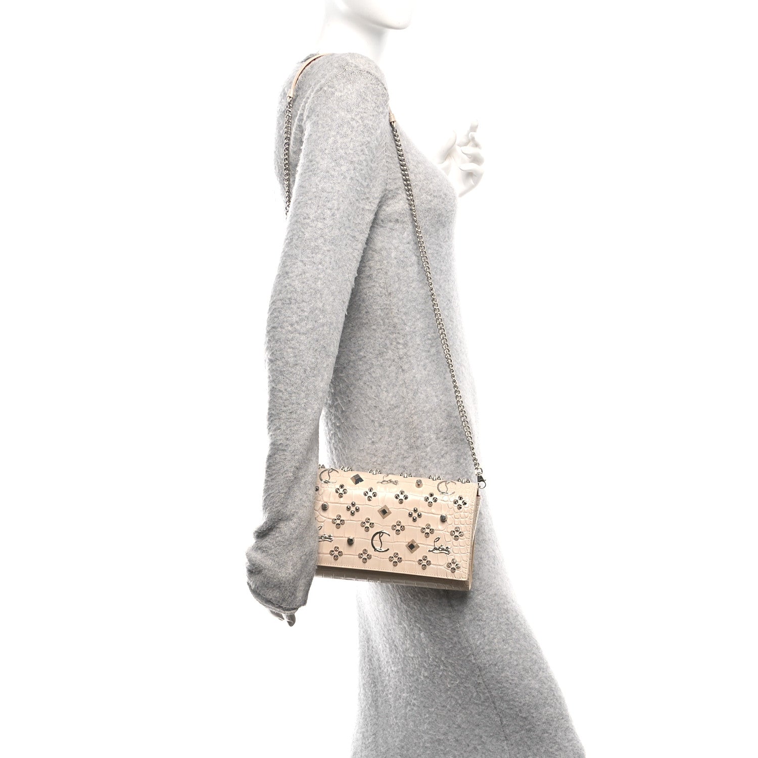 Christian Louboutin Calfskin Crocodile Embossed Spikes Loubinthesky Paloma Clutch Nougat 2 of 9