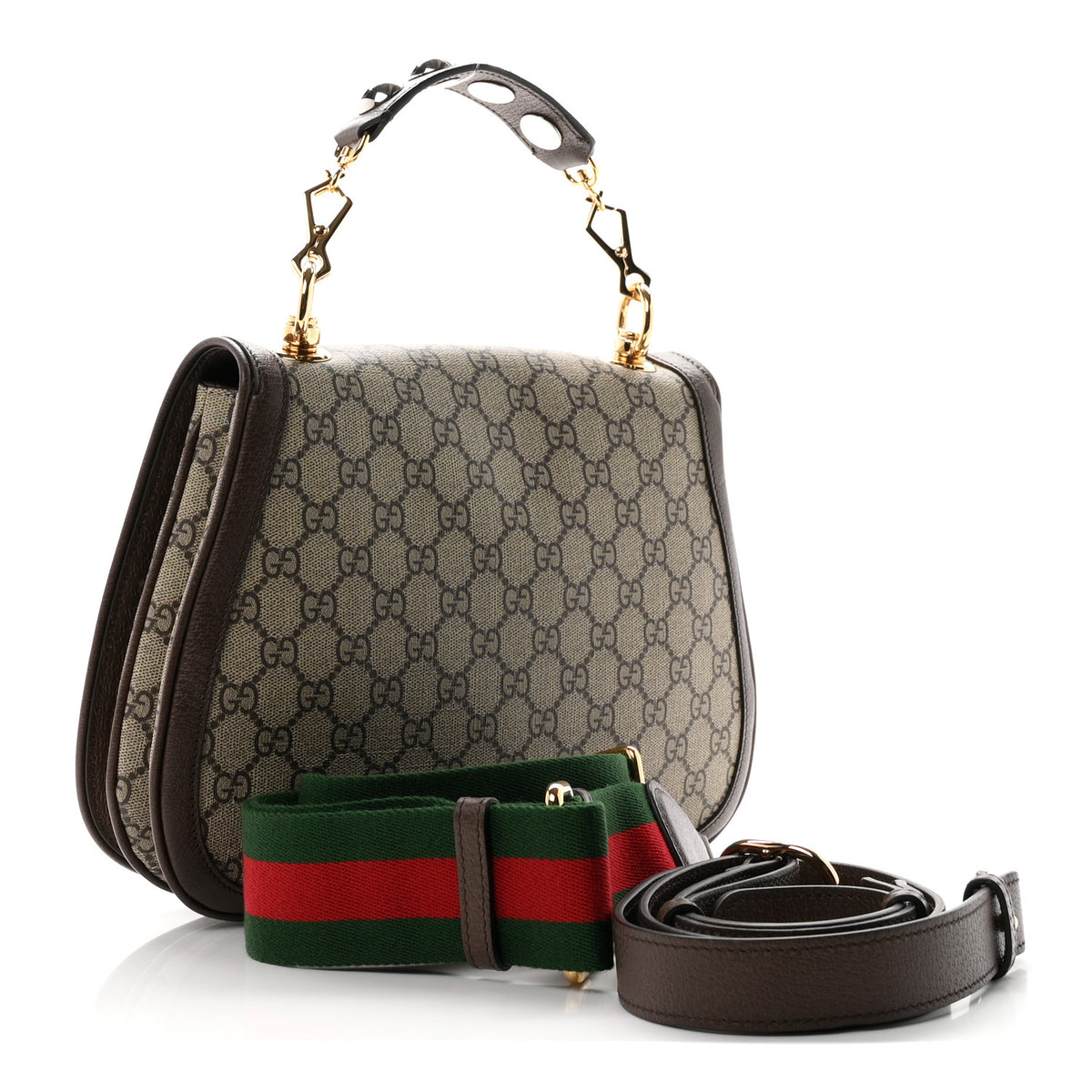 GG Supreme Monogram Textured Dollar Calfskin Web Medium Blondie Top Handle Shoulder Flap Bag Beige Ebony New Acero