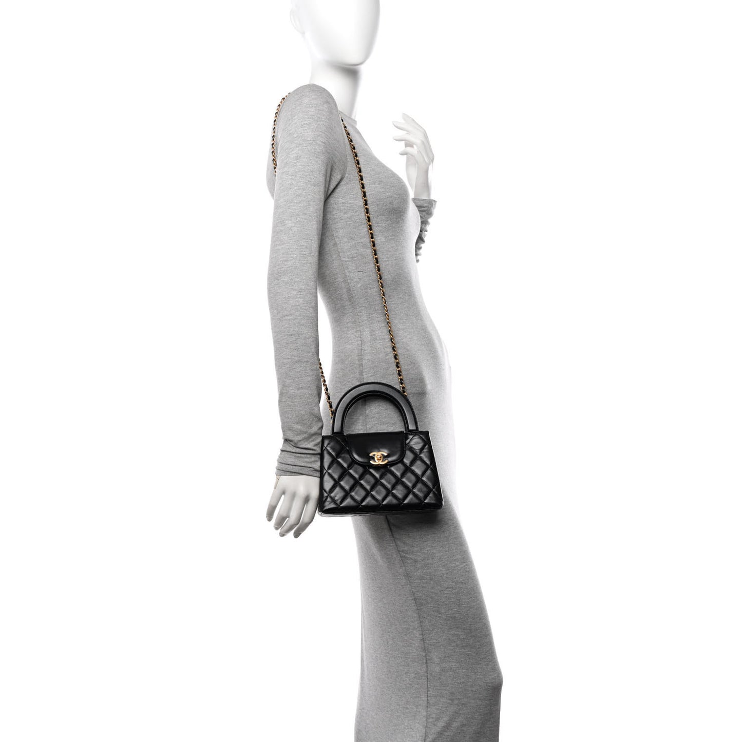 Shiny Aged Calfskin Quilted Nano Kelly Shopper Black