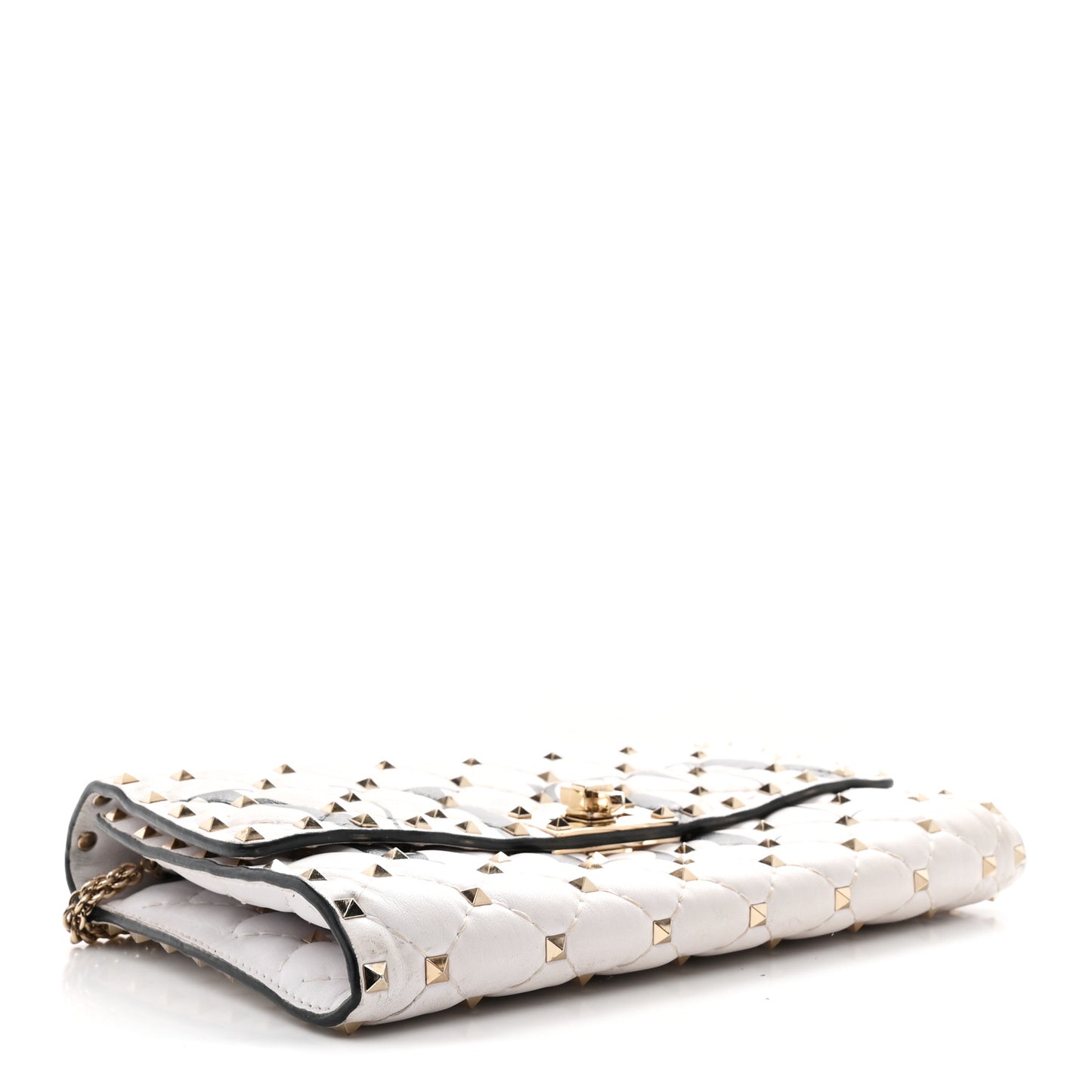 Lambskin VLTN Print Rockstud Spike Wallet On Chain White