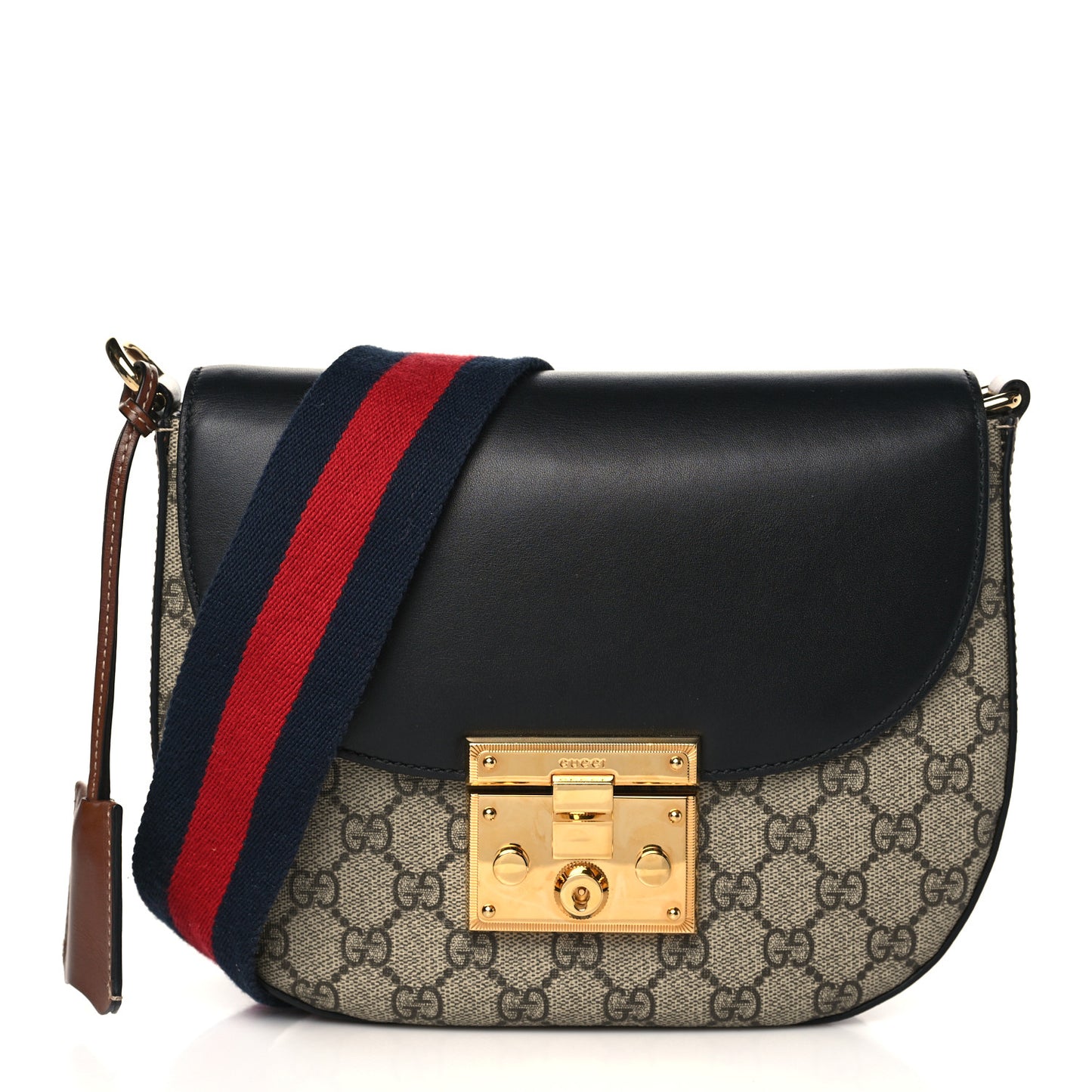 GG Supreme Monogram Web Medium Padlock Messenger Shoulder Bag Black