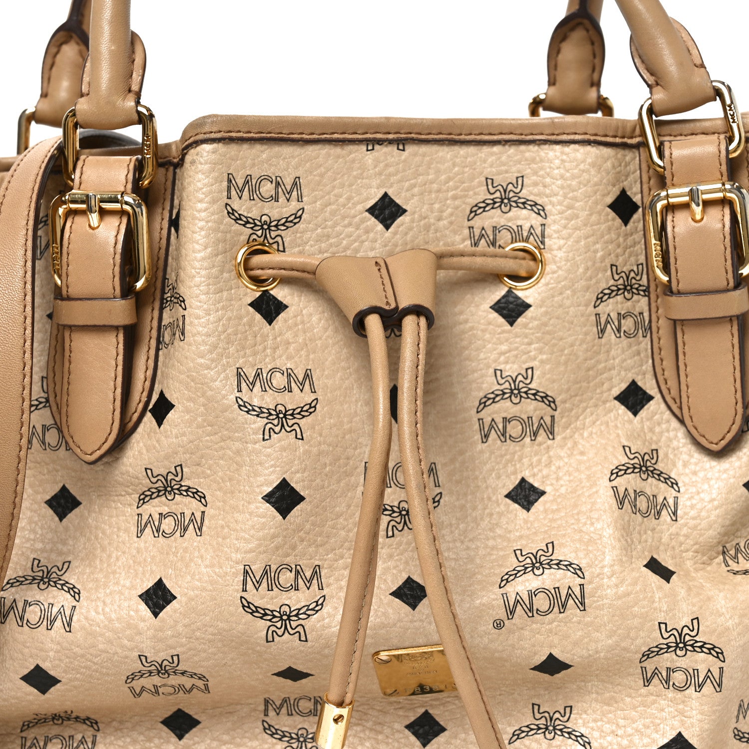 MCM Visetos Medium Drawstring Shopper Beige 1831837 – FASHIONPHILE