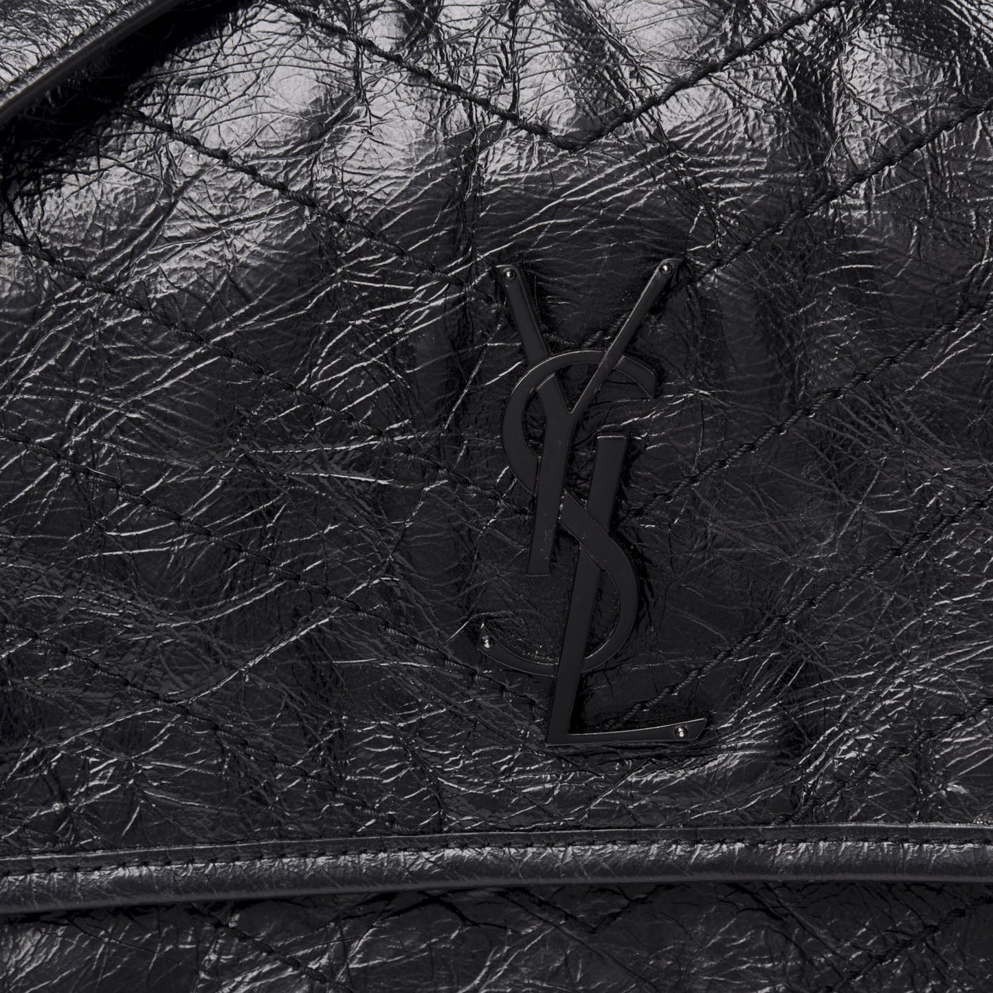Crinkled Calfskin Matelasse Monogram Large Niki Chain Satchel Black