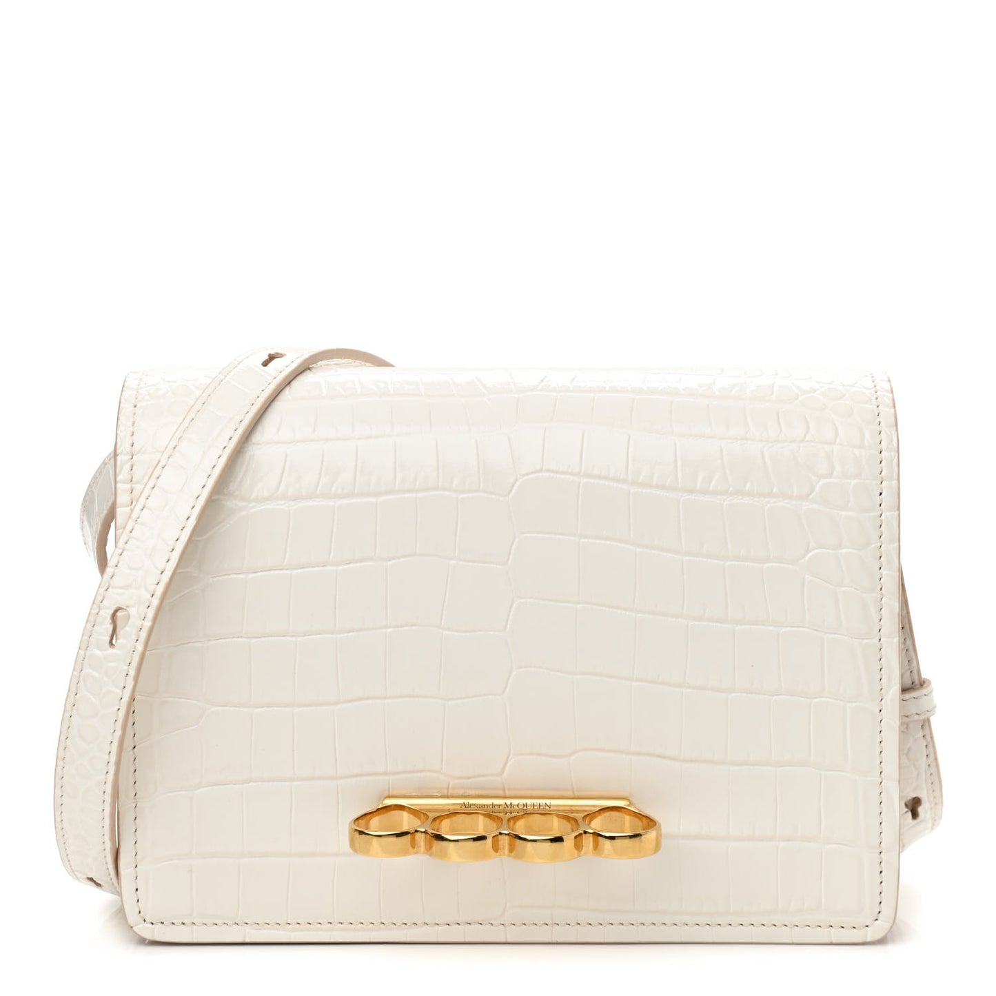 Crocodile Embossed Calfskin Four Ring Knuckle Crossbody Bag Soft Ivory