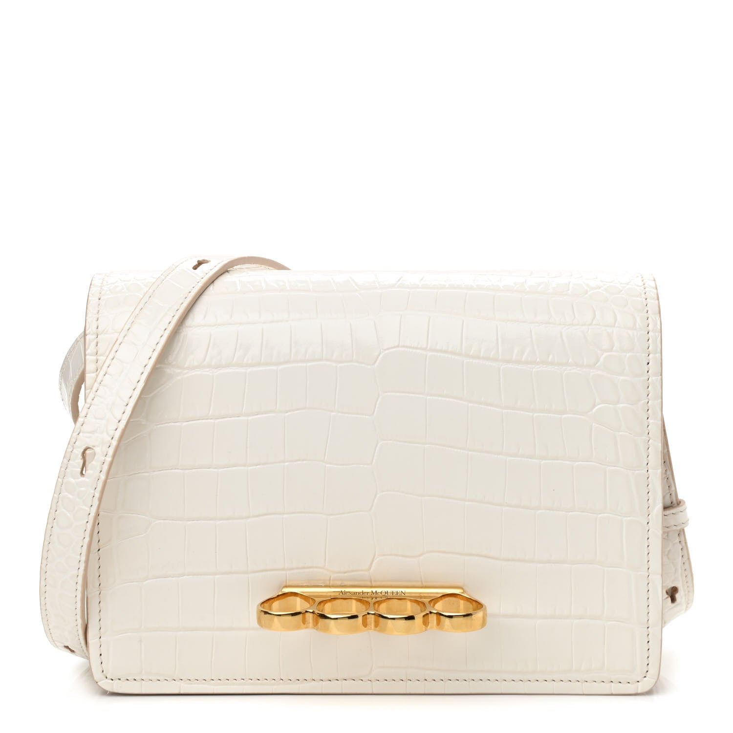 Alexander McQueen Crocodile Embossed Calfskin Four Ring Knuckle Crossbody Bag Soft Ivory 1 of 12