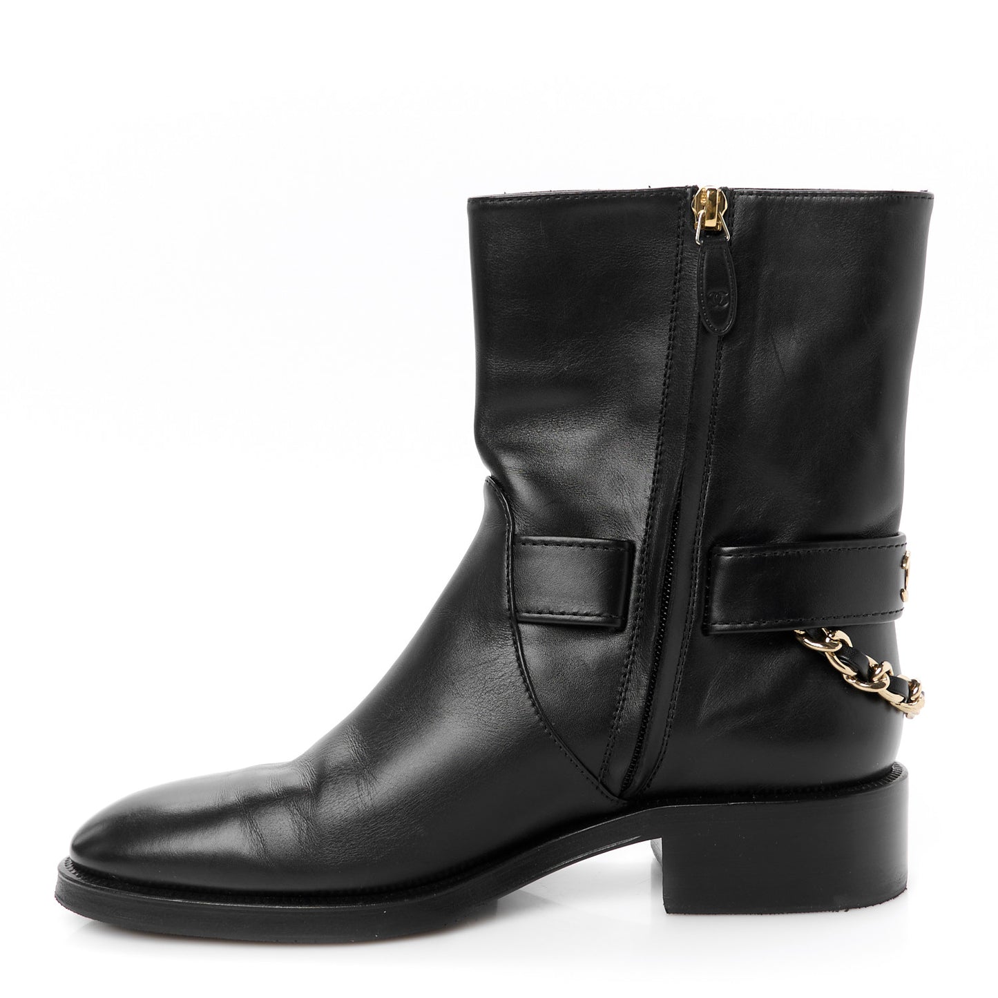 Calfskin Chain Short Boots 40 Black