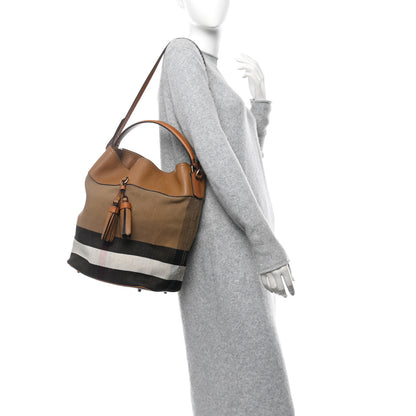 Burberry Grainy Calfskin Canvas Mega Check Medium Ashby Tassel Hobo Saddle Brown 2 of 9