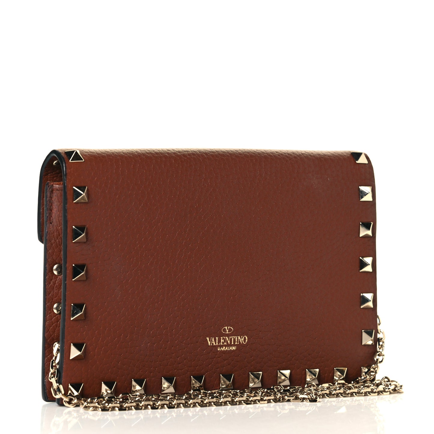 Pebbled Calfskin Rockstud Envelope Wallet on Chain Bright Cognac