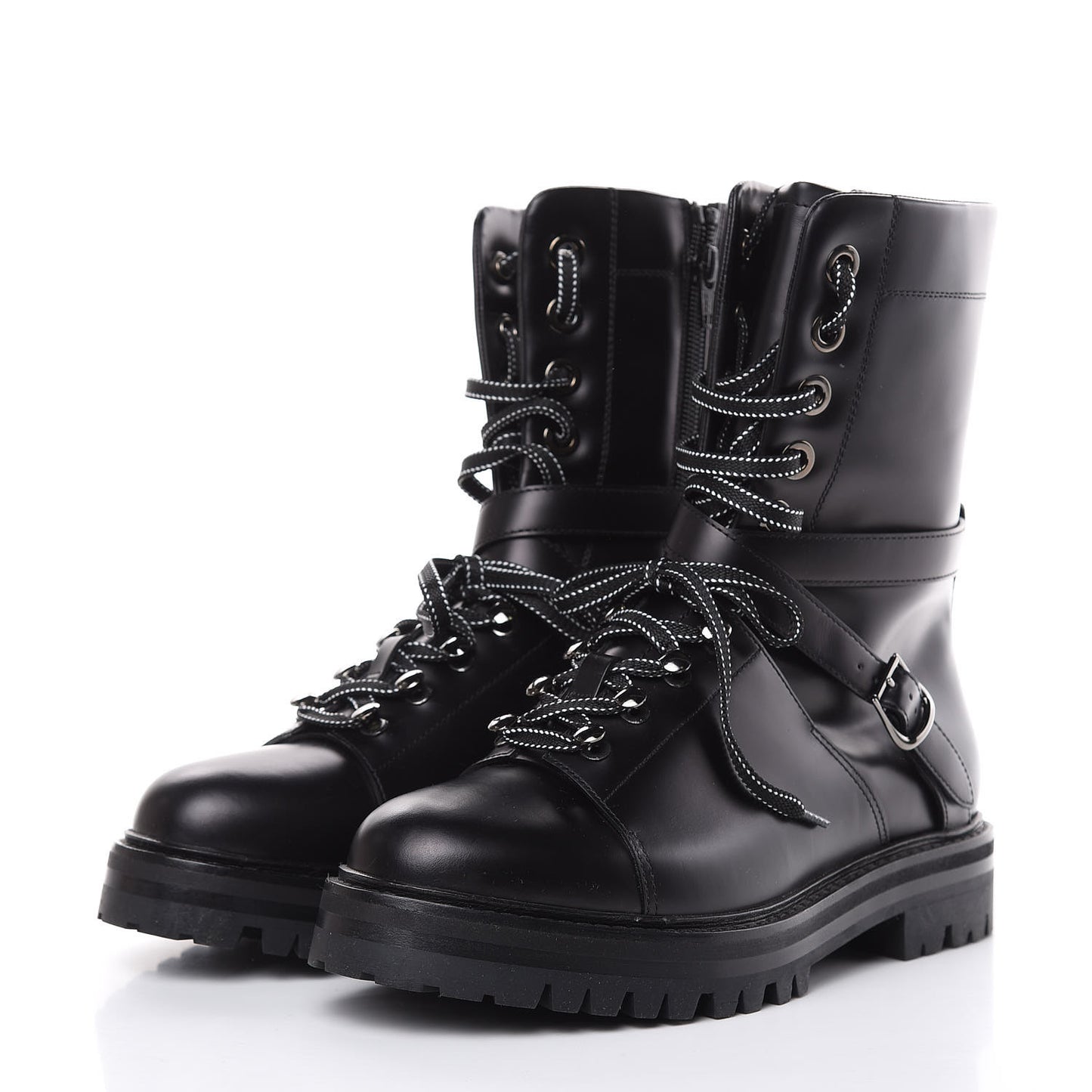 Smooth Calfskin Rockstud Buckled 25mm Combat Boots 38.5 Black