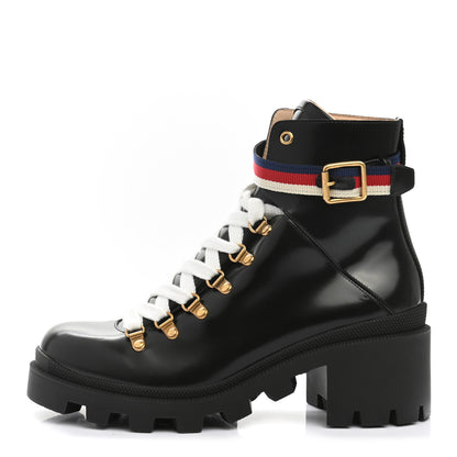 Gucci Calfskin Sylvie Web Lace Up Combat Boots 39.5 Black 1 of 8