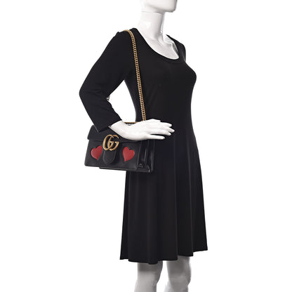 Gucci Knight Calfskin Malaga Kid Heart Medium GG Marmont Chain Handle Bag Black Hibiscus Red Multicolor 2 of 14