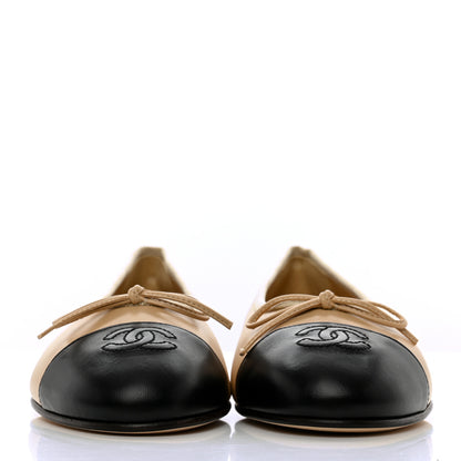 Chanel Lambskin Cap Toe CC Ballerina Flats 38.5 Beige Black 2 of 10