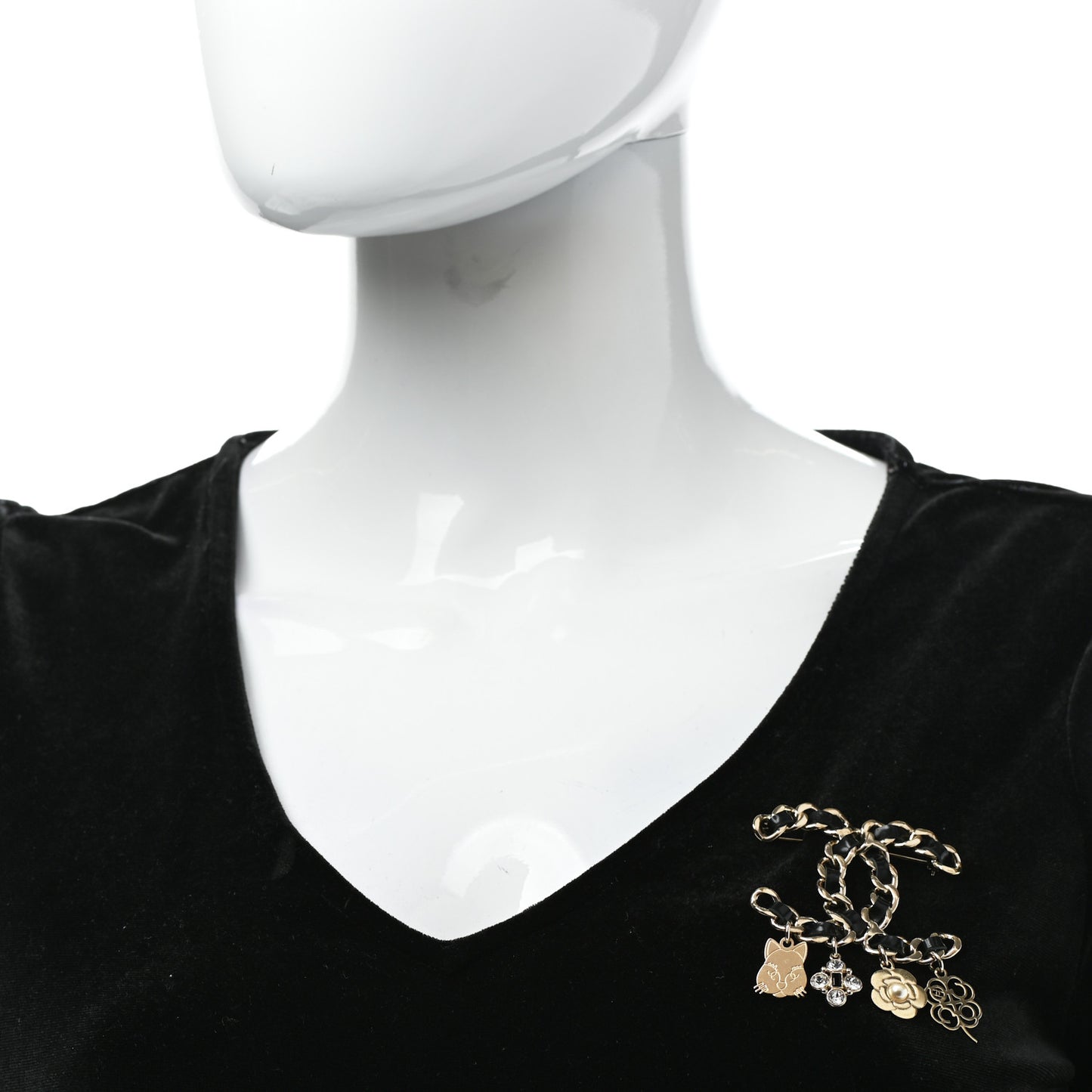 Lambskin Crystal Chain CC Charms Brooch Black Gold