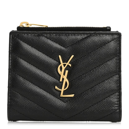 Saint Laurent Grain De Poudre Matelasse Chevron Monogram Zipped Card Case Black 1 of 12