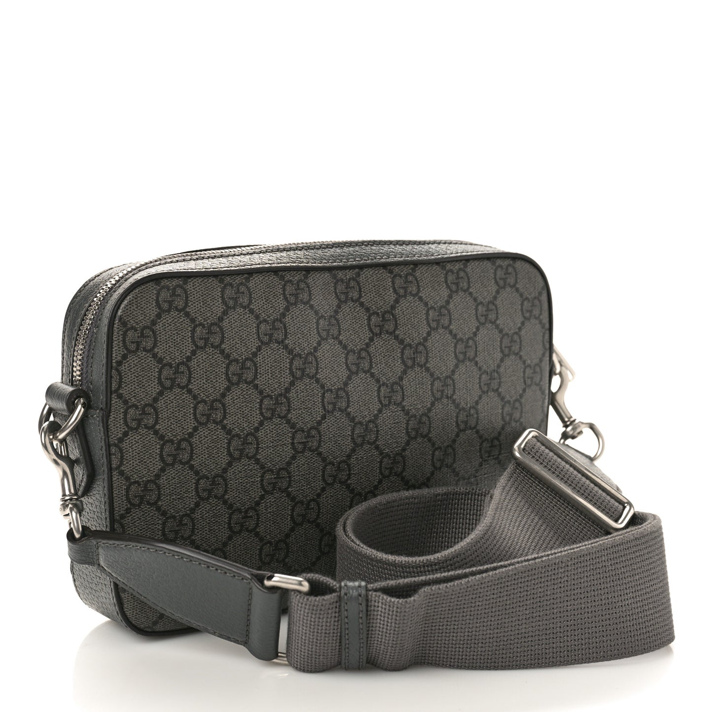GG Supreme Monogram Textured Dollar Calfskin Web Ophidia Wristlet Shoulder Bag Grey Black Graphite Grey