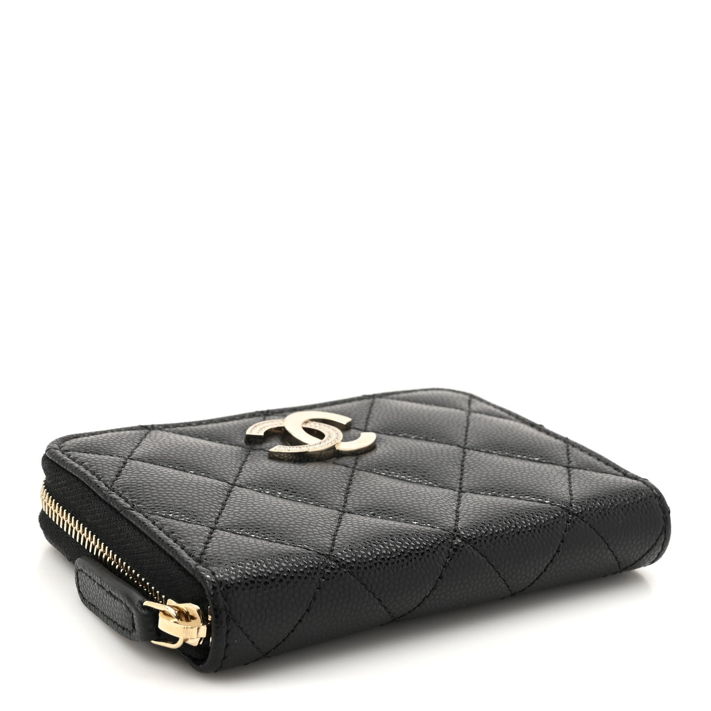 Caviar Quilted Crystal Zip Around Coin Purse Wallet Black