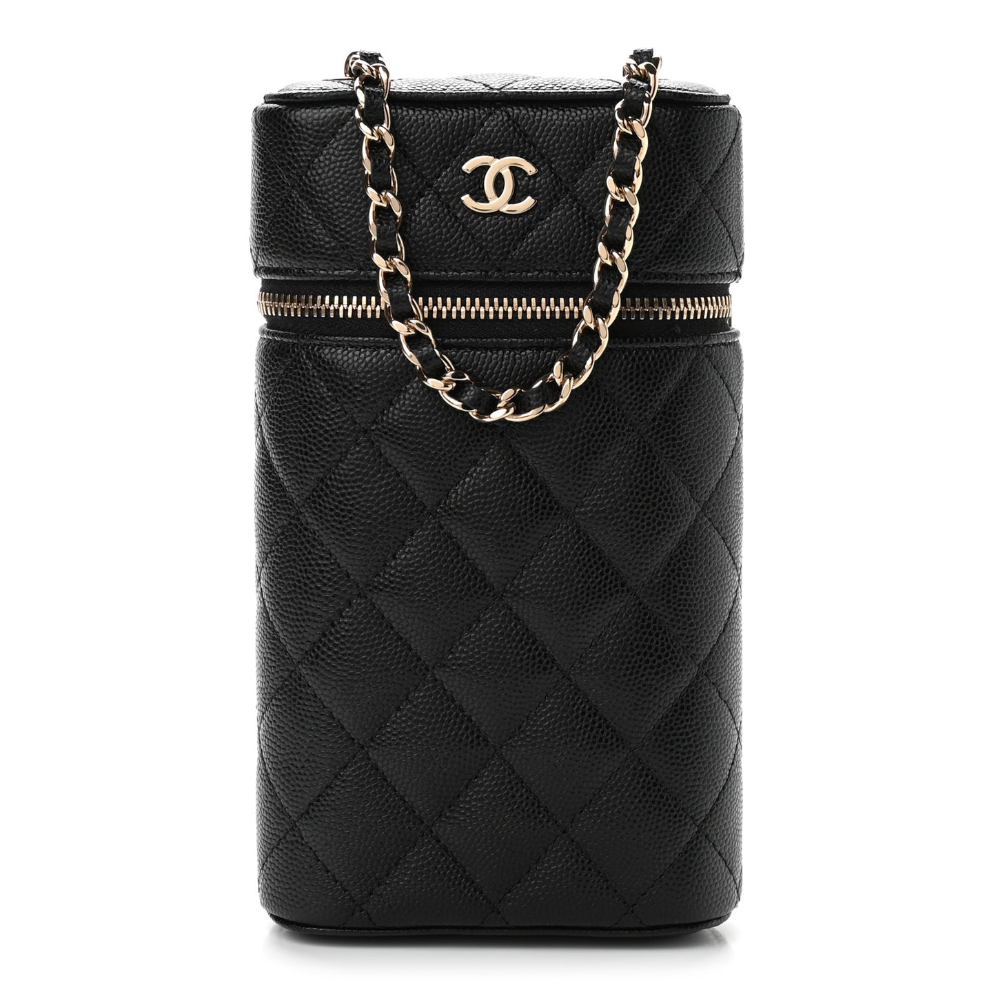 Caviar Quilted Phone Holder With Chain Black