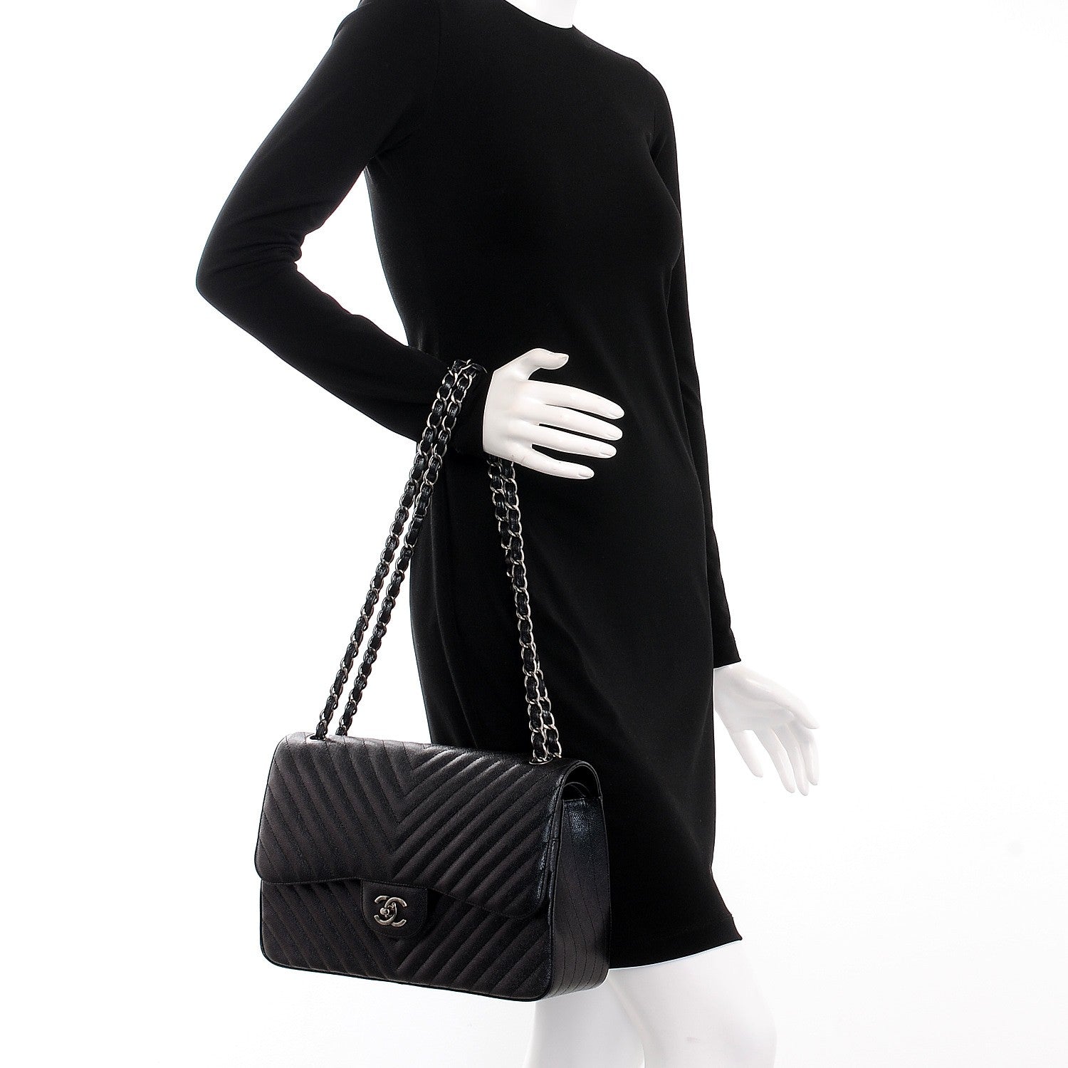 Chanel Metallic Caviar Chevron Quilted Jumbo Double Flap Black 3 of 9