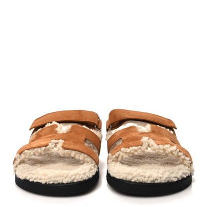Hermes Suede Goatskin Woolskin Womens Chypre Sandals 39 Brun Fume Ecru 2 of 8