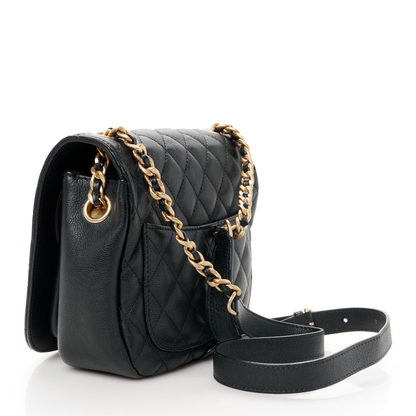 Grained Calfskin Quilted Messenger Flap Black