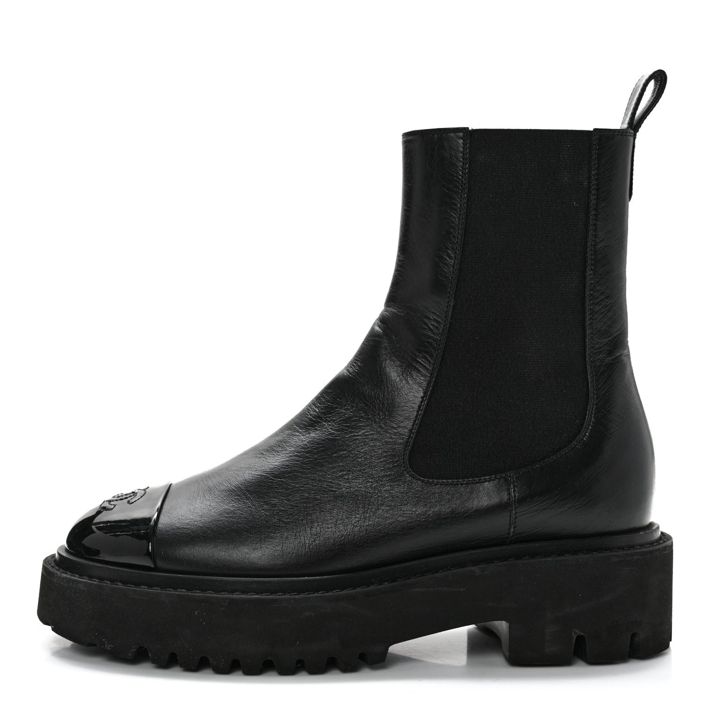 Crumpled Calfskin Patent Cap Toe Short Boots 36.5 Black