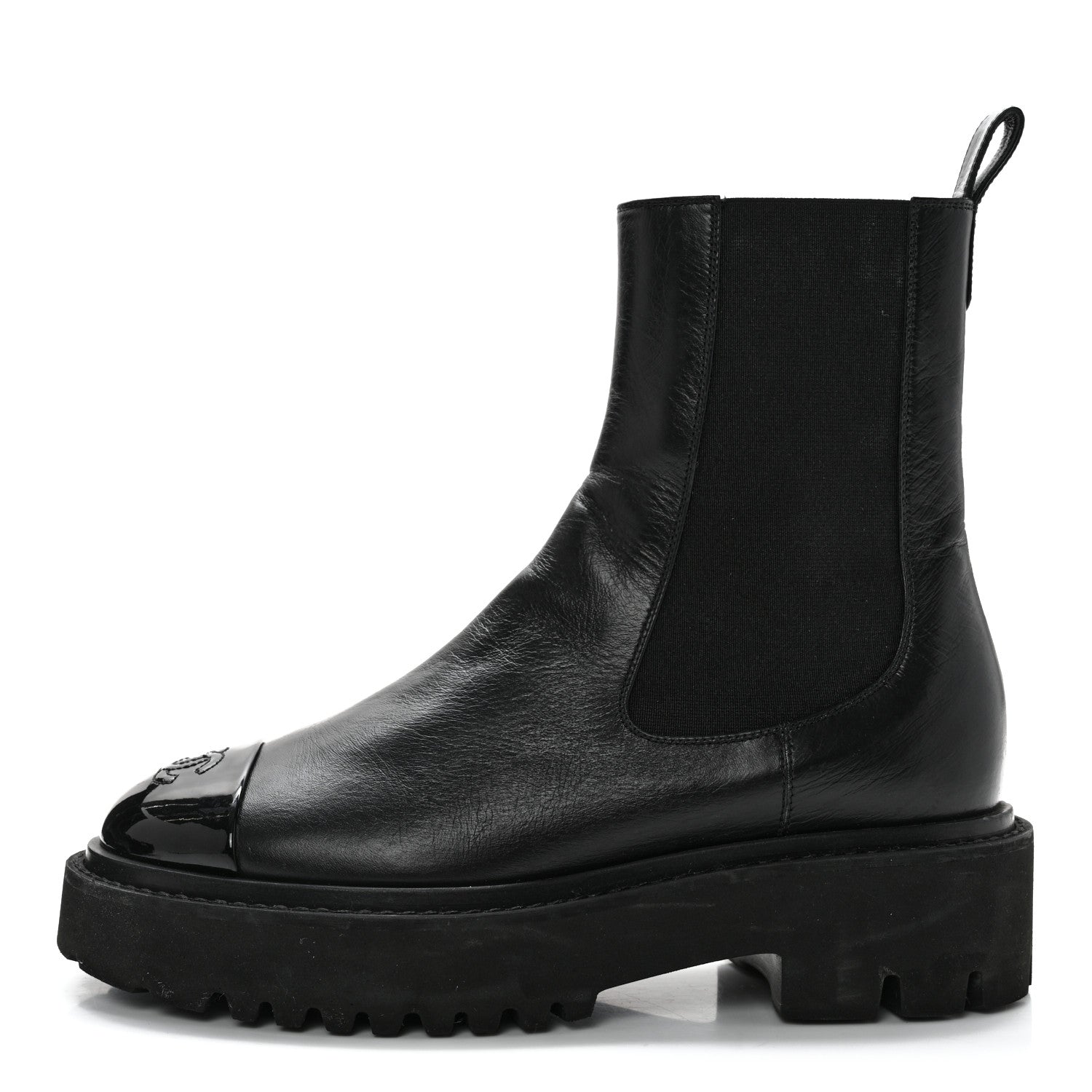 Chanel Crumpled Calfskin Patent Cap Toe Short Boots 36.5 Black 1 of 13