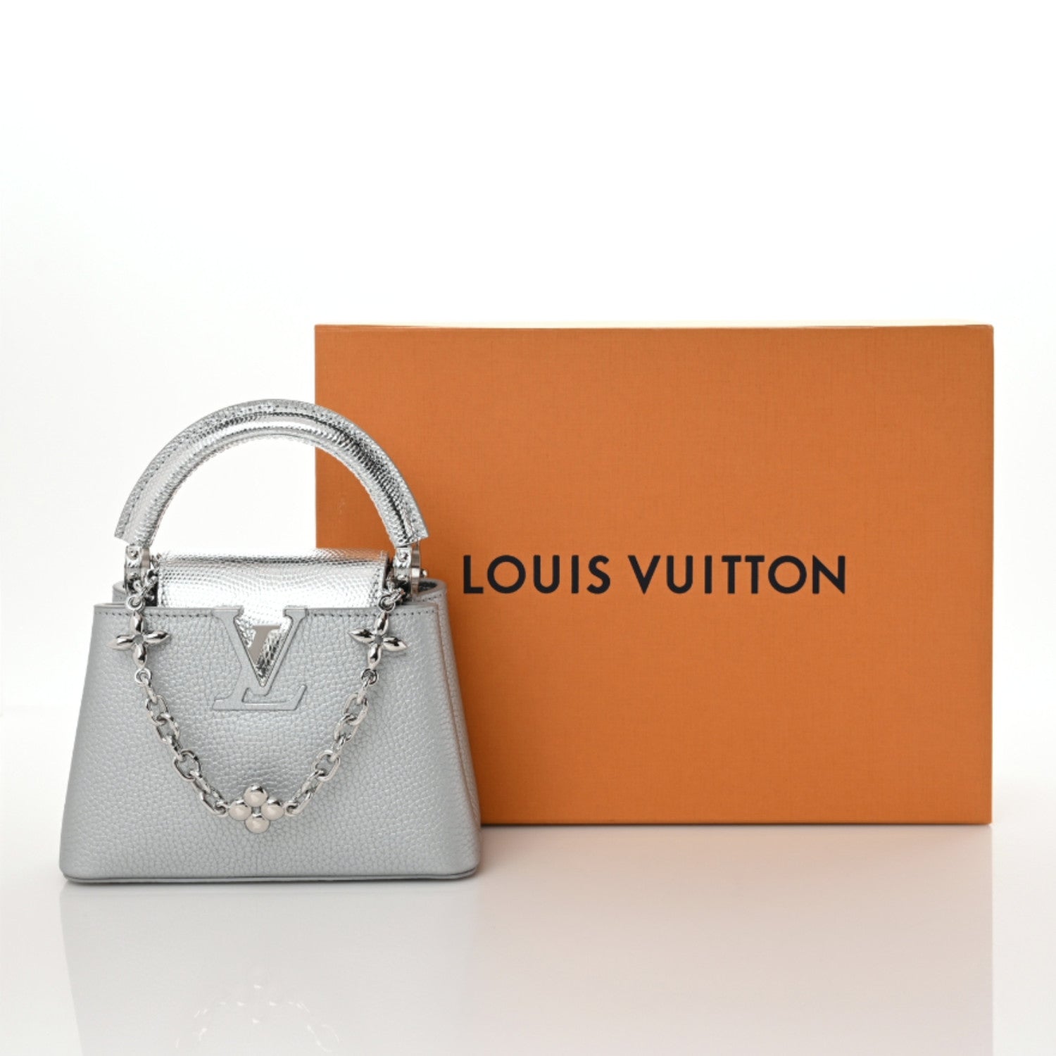 Louis Vuitton Taurillon Lizard Flower Chain Capucines Mini Silver