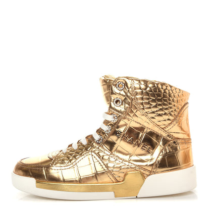 Chanel Metallic Calfskin Crocodile Embossed Cocodile High Top Sneakers 39 Gold 1 of 11