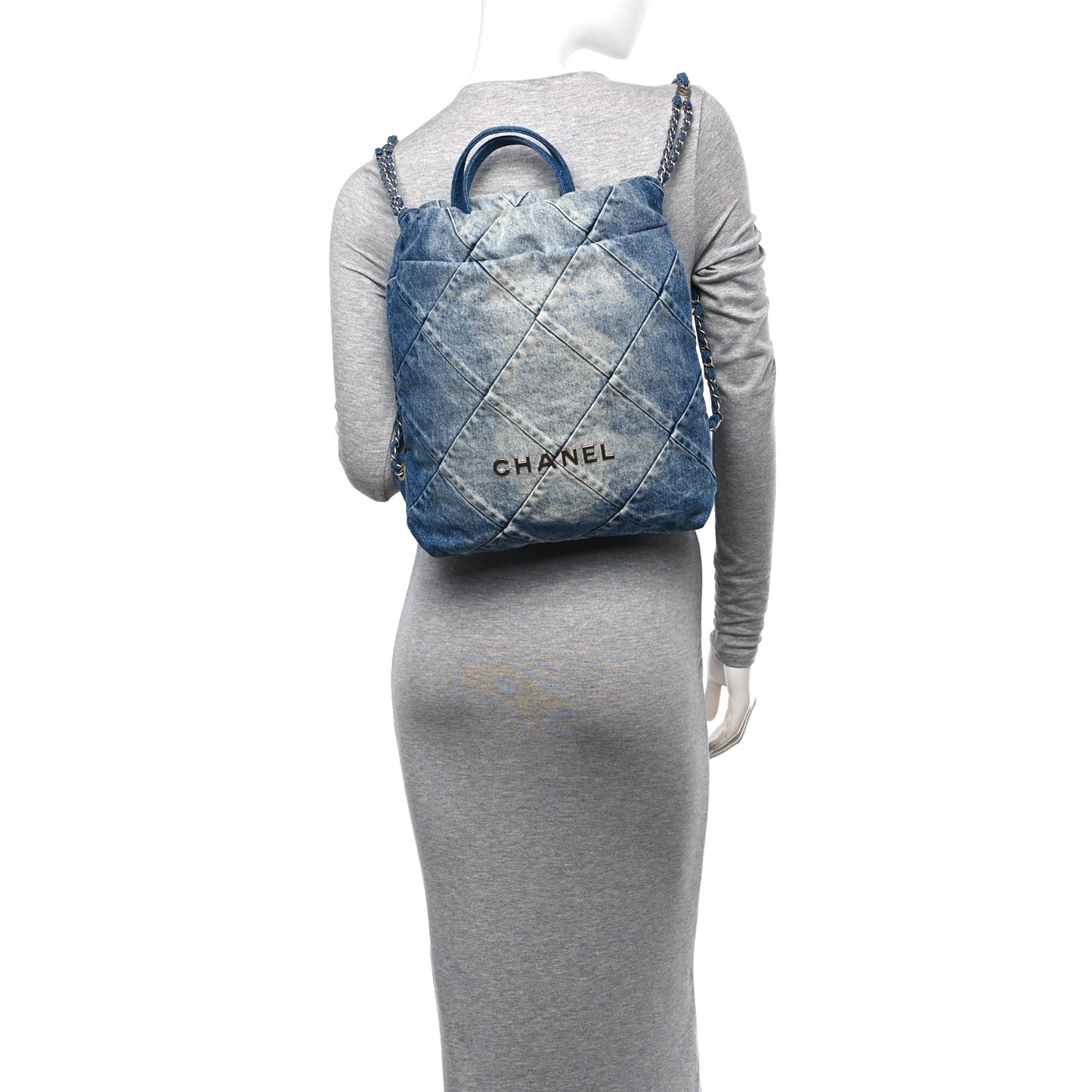 Denim Quilted Chanel 22 Backpack Blue