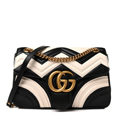 Gucci Calfskin Matelasse Medium GG Marmont Shoulder Bag Black White 1 of 9