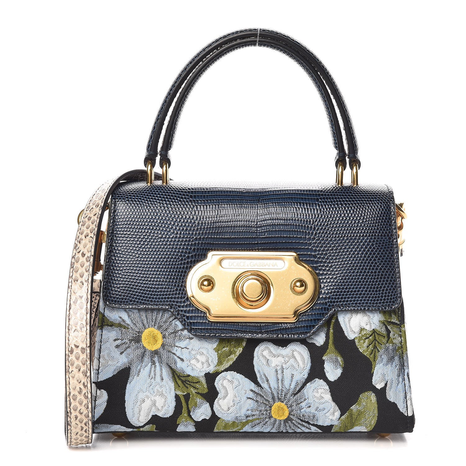 Dolce & Gabbana Flower Jacquard Water Snake Lizard Embossed Welcome Satchel Petrol 1 of 9