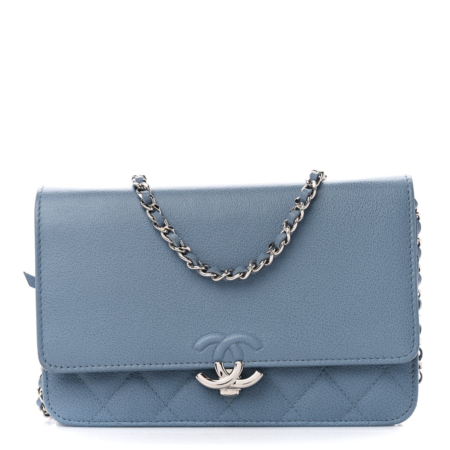 Grained Calfskin Quilted CC Box Wallet On Chain WOC Blue