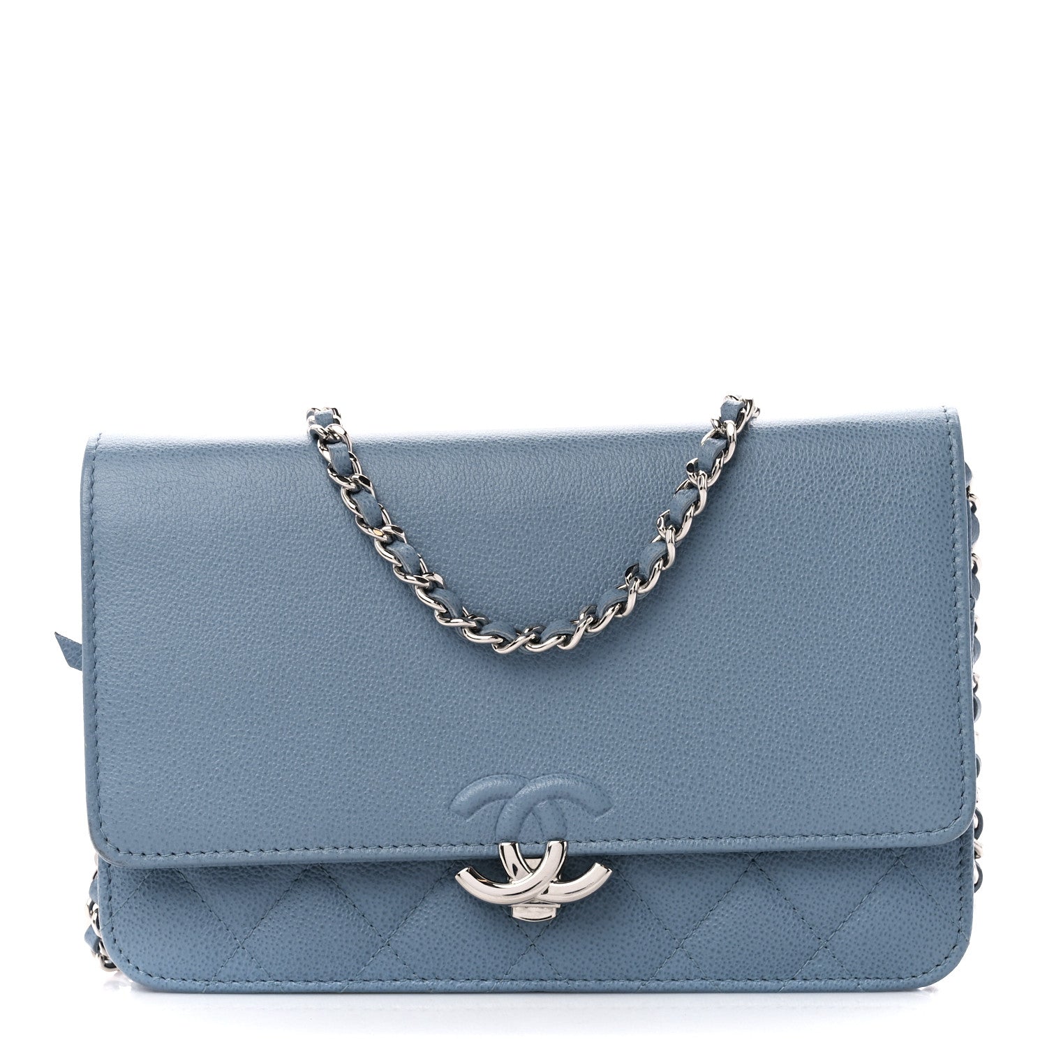 Chanel Grained Calfskin Quilted CC Box Wallet On Chain WOC Blue 1 of 11