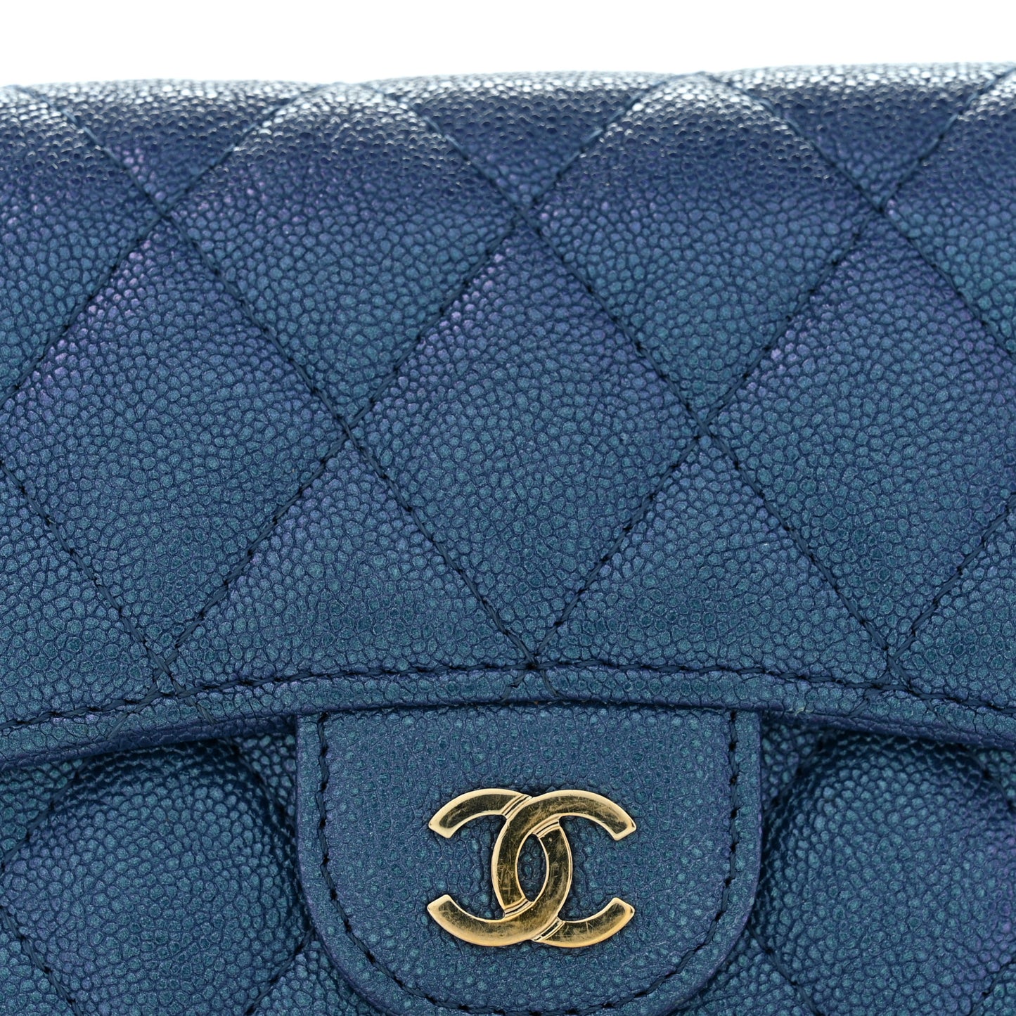 Iridescent Caviar Flap Quilted Card Holder Wallet Dark Blue