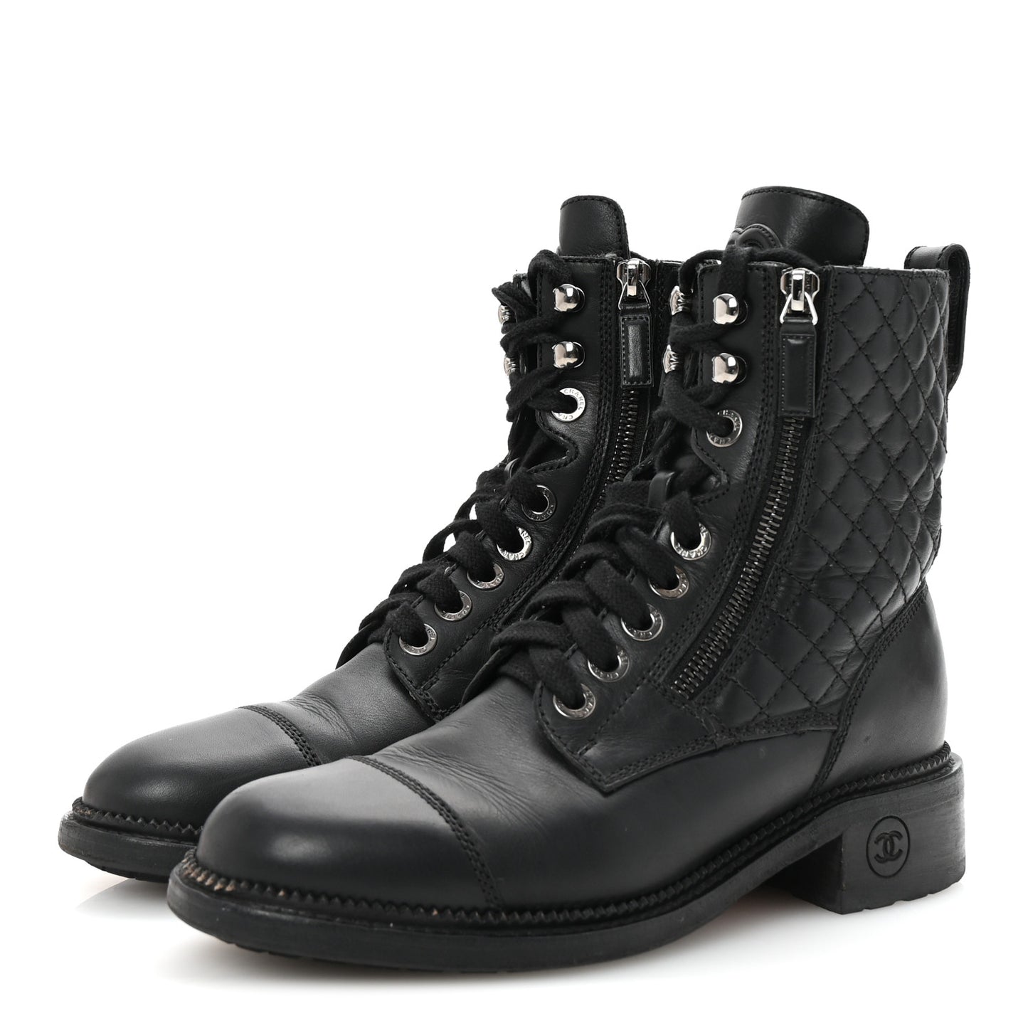 Calfskin Quilted Lace Up Combat Boots 37.5 Black
