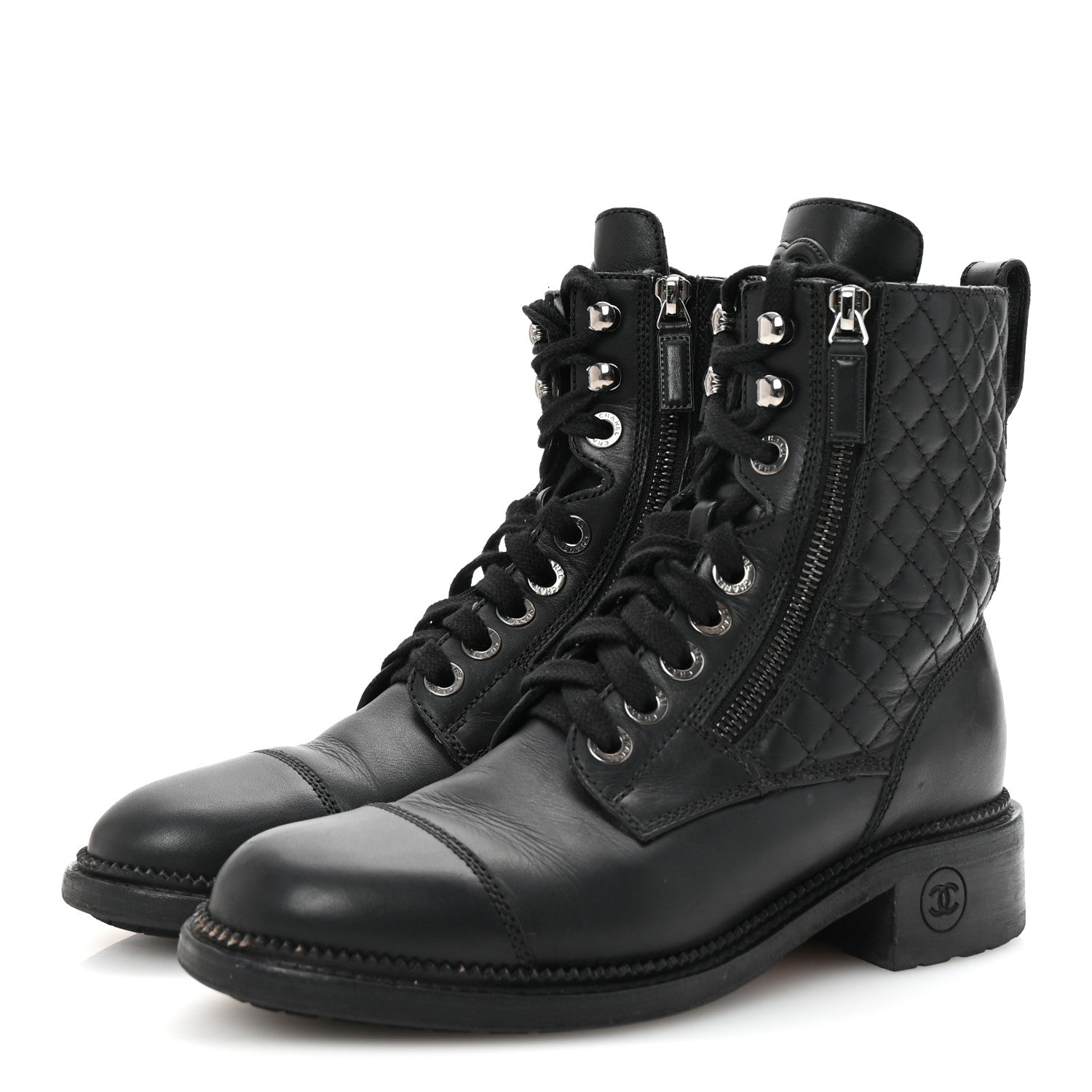 Chanel Calfskin Quilted Lace Up Combat Boots 37.5 Black 4 of 10