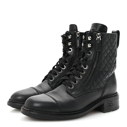 Chanel Calfskin Quilted Lace Up Combat Boots 37.5 Black 4 of 10