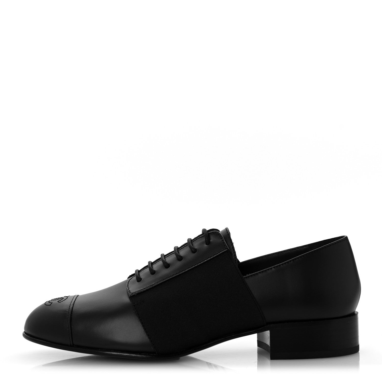 Chanel Calfskin Elastic Lace Up Cap Toe CC Loafers 38 Black 1 of 11