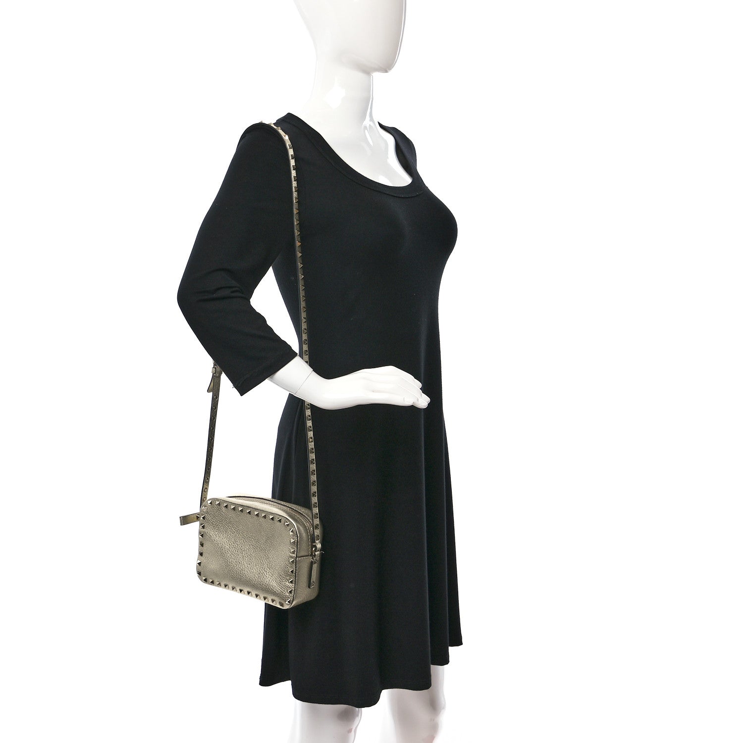 Valentino Garavani Metallic Pebbled Calfskin Rockstud Camera Crossbody Bag Platino 2 of 9