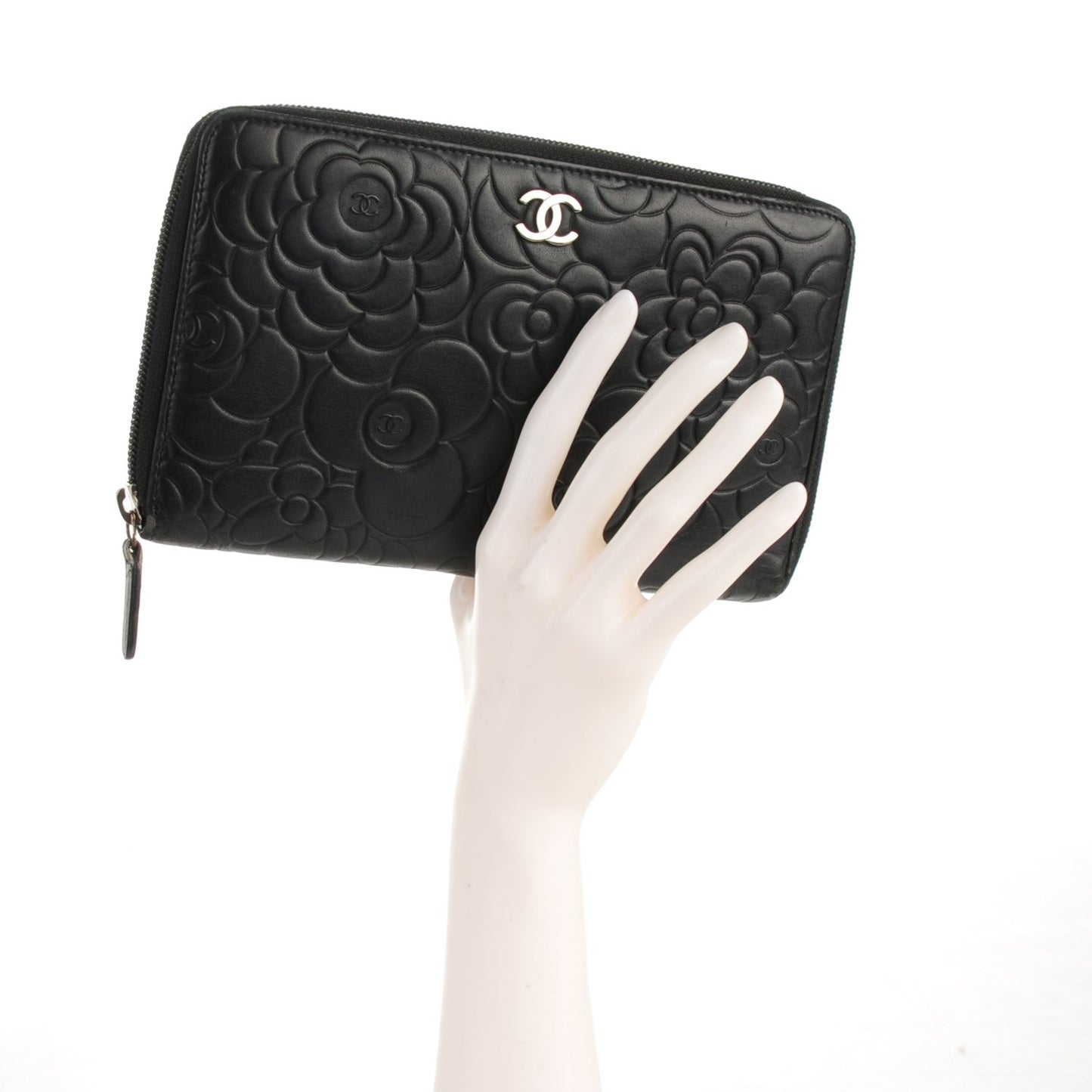 Lambskin Camellia Embossed Zip Around Organizer Wallet Black