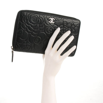 Chanel Lambskin Camellia Embossed Zip Around Organizer Wallet Black 2 of 8