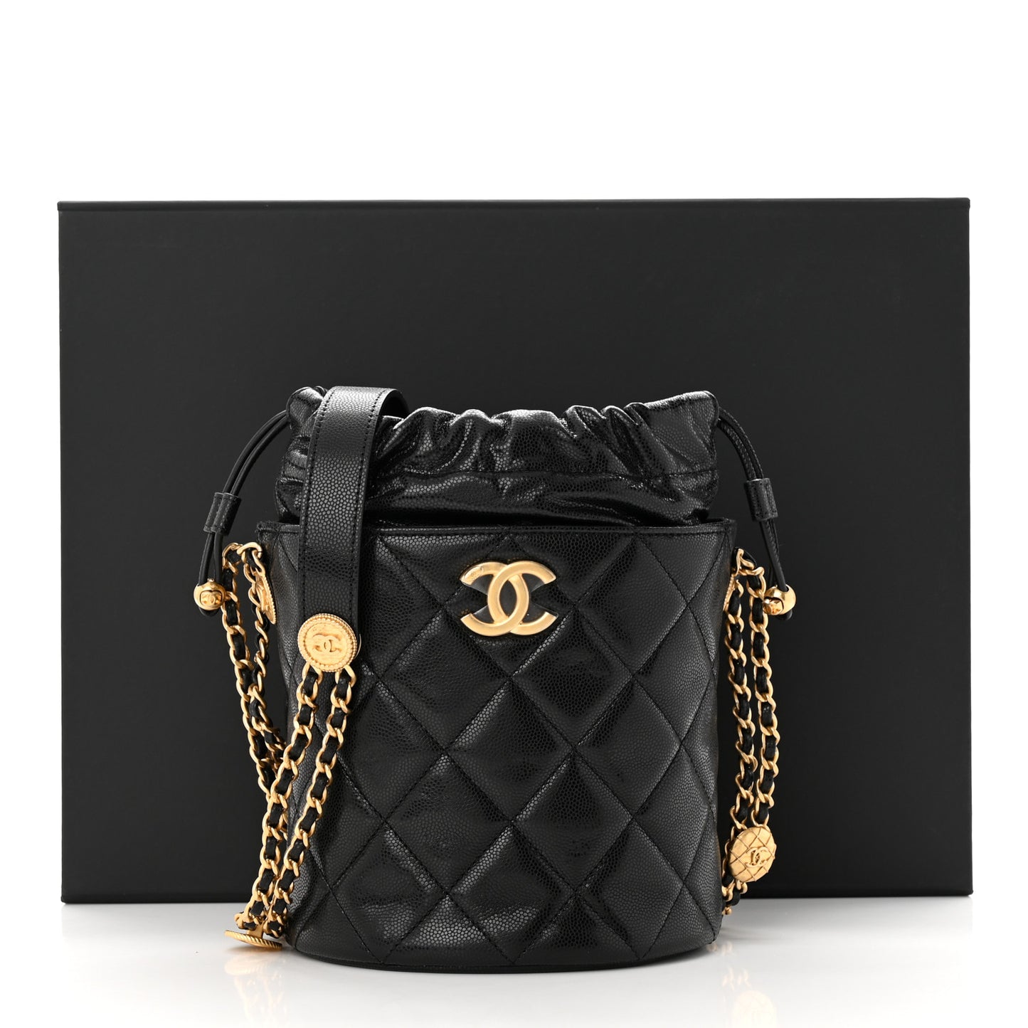 Caviar Quilted Twist Your Buttons Bucket Bag Black