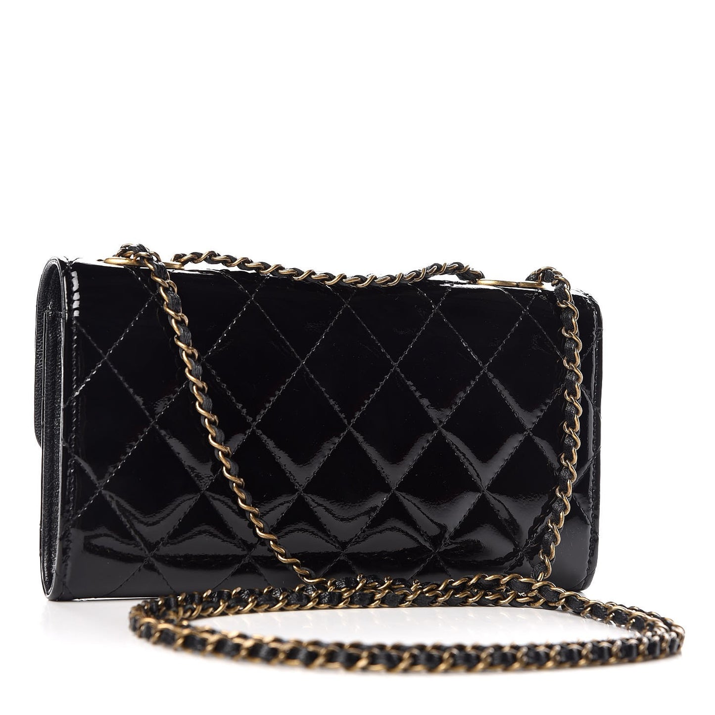 Patent Goatskin Quilted Small CC Eyelet Wallet On Chain WOC Black