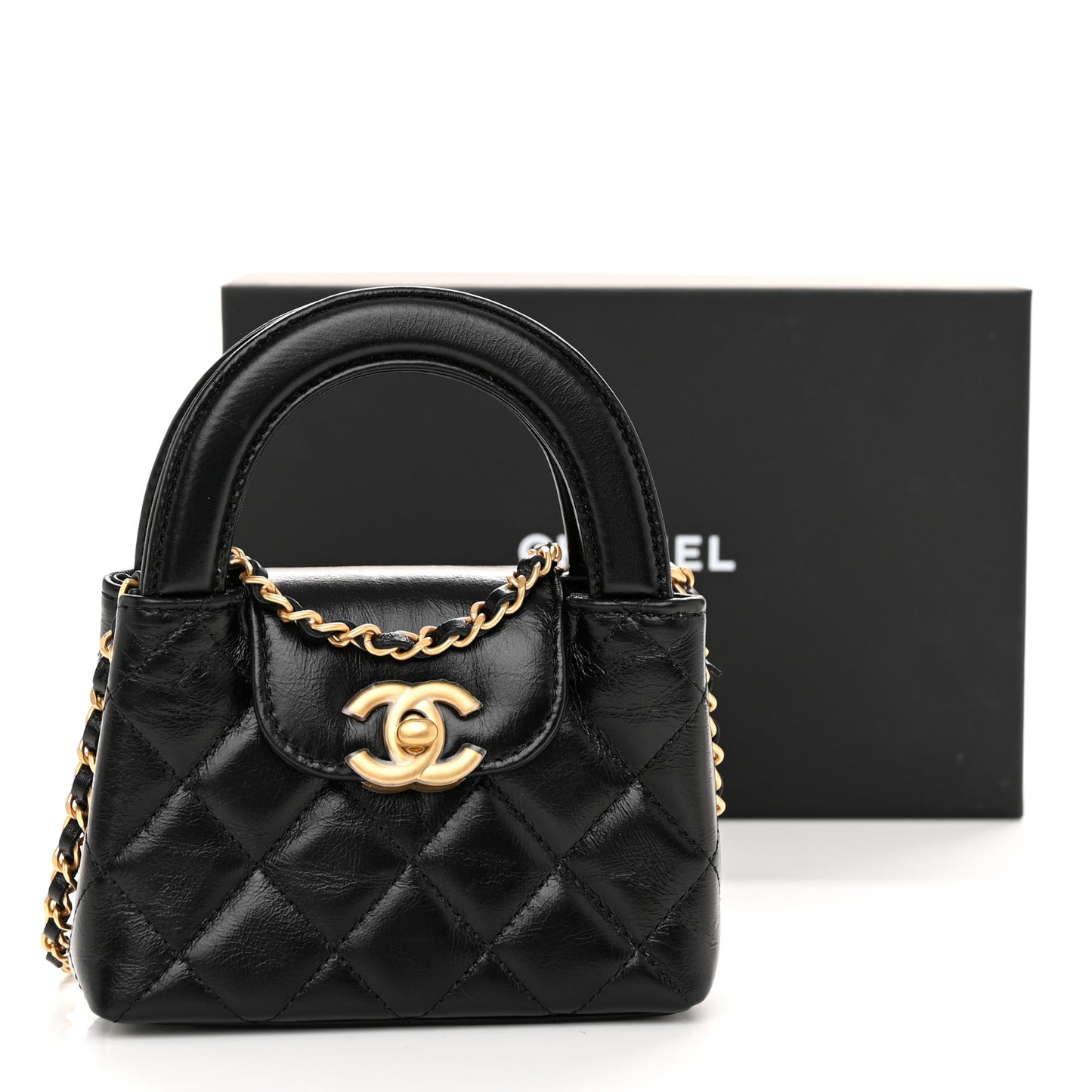 Shiny Aged Calfskin Quilted Mini Nano Kelly Shopper Black
