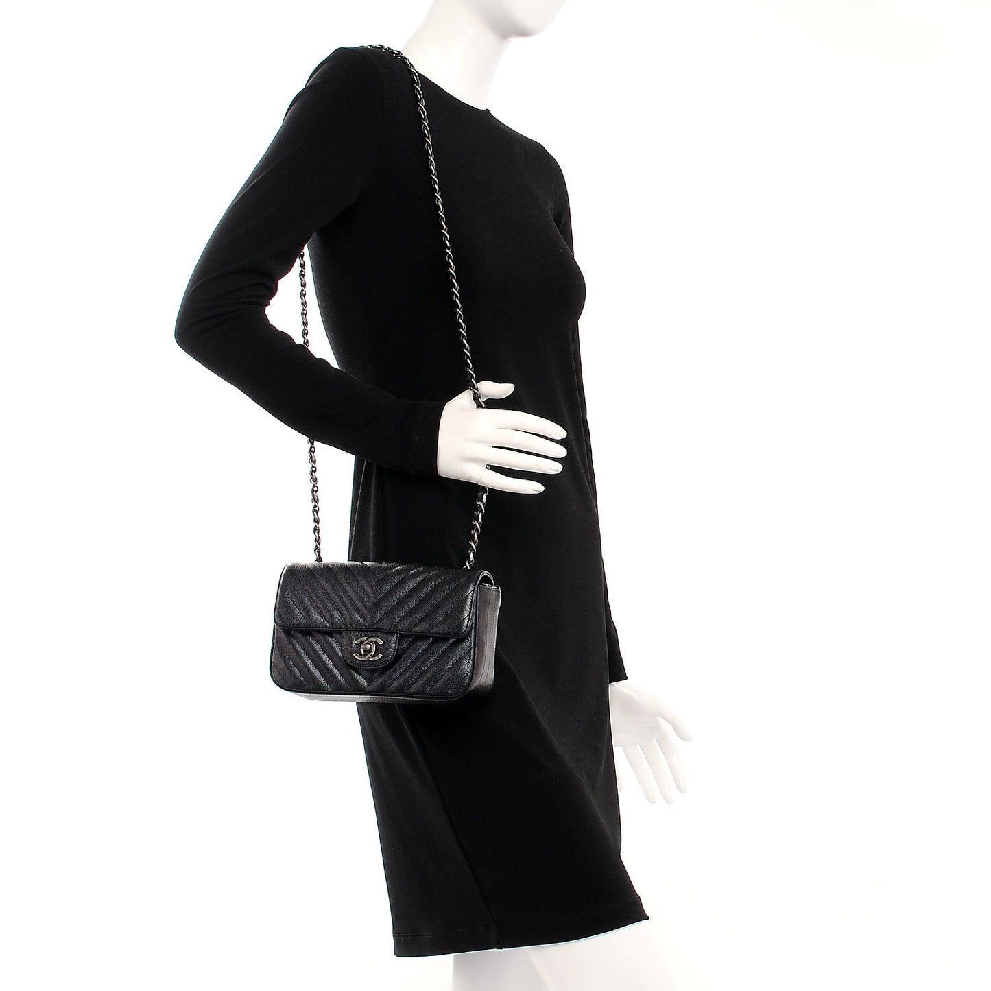 Metallic Caviar Chevron Quilted Mini Rectangular Flap Black