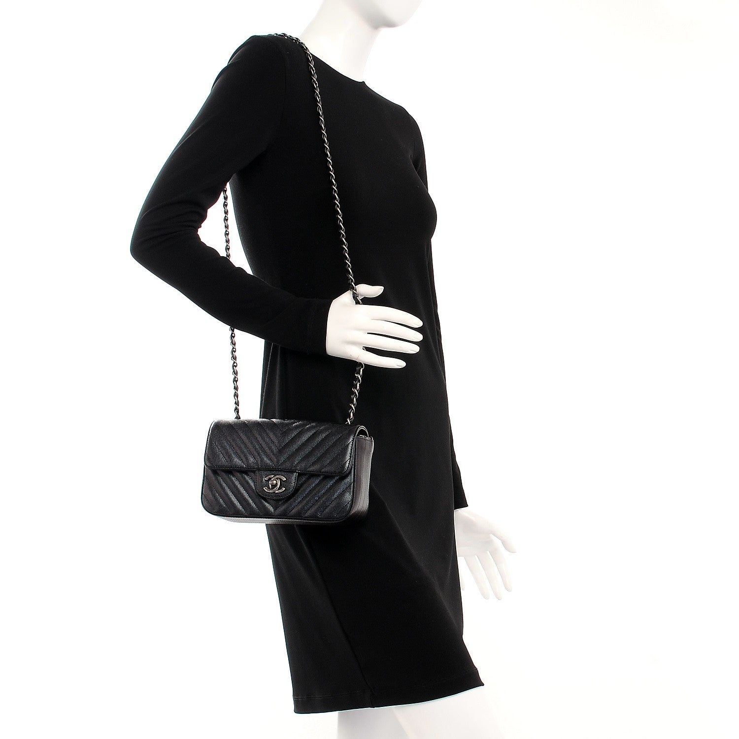 Chanel Metallic Caviar Chevron Quilted Mini Rectangular Flap Black 2 of 11
